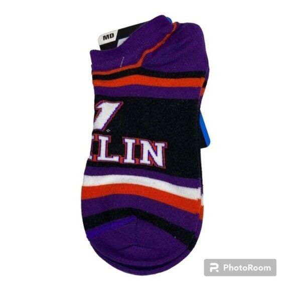 For Bare Feet Purple Orange Danny Hamlin #11 Nascar Stripe Socks M Made in USA - Picture 1 of 5